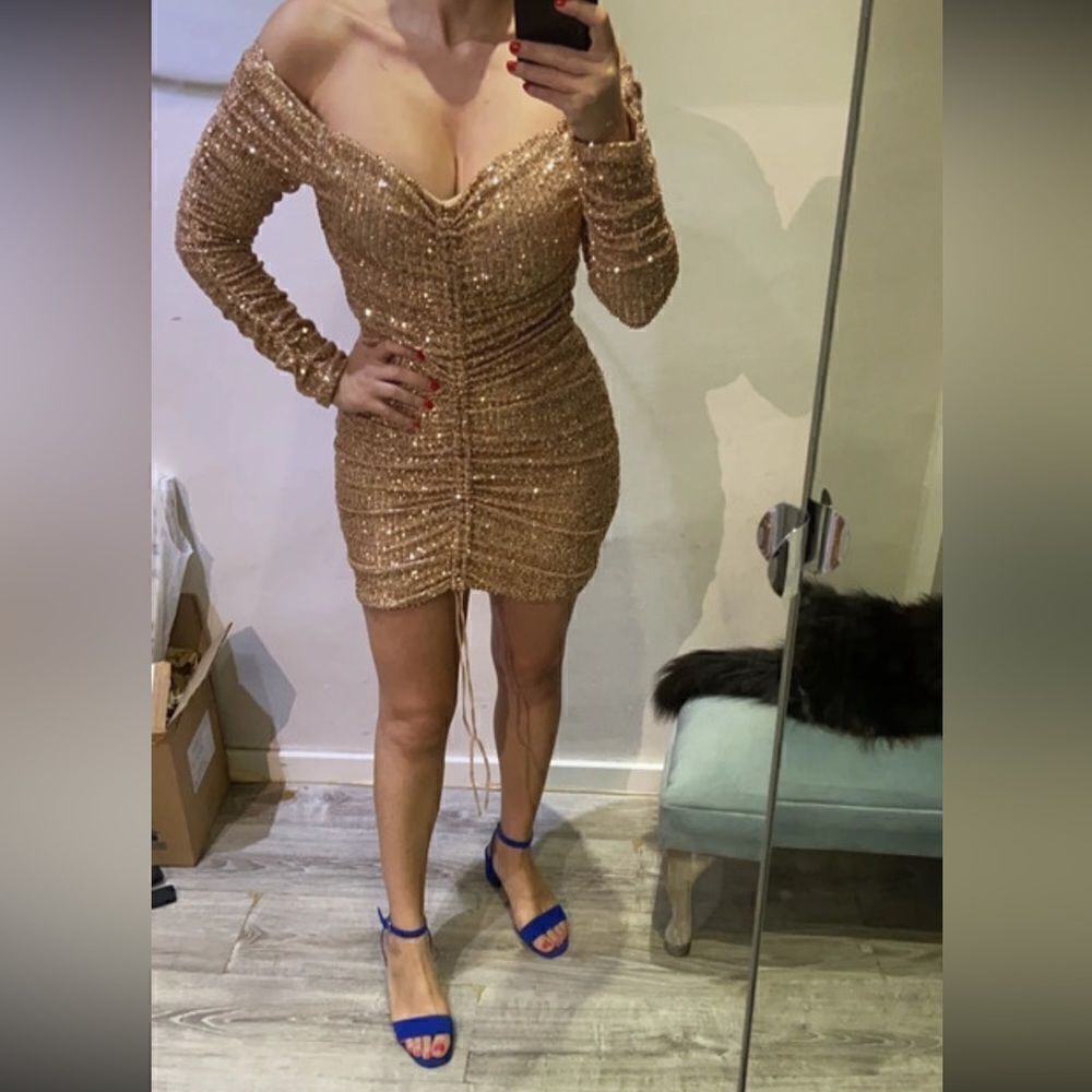 NWT ZARA off shoulder sequin gold ruched dress M